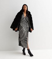 New Look Black Stripe Wrap Collar Long Sleeve Midi Dress